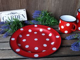 grosser antiker EssTeller Email Emaille Tupfen Camping 24cm