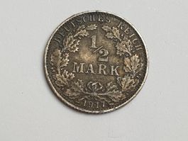 🇩🇪 1/2 Mark 1917 G (Rarer) *** Silver 2.78g .900
