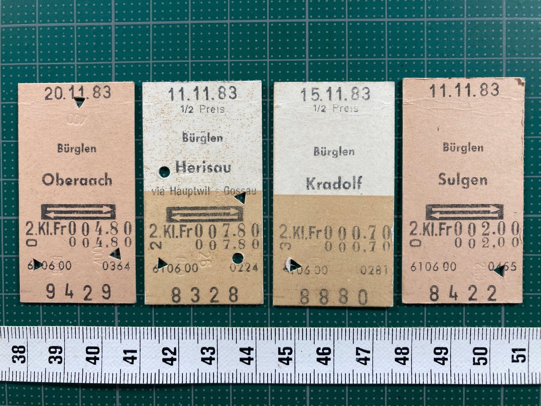 Biglietti: Bürglen, 4 verschiedene SBB Billette, 1983 – Usato da Lenzburg venduto da fh1