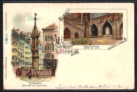 Cartoline postali: Litho Basel, Altes Rathaus und Fischmark – Usato da Berlin venduto da bartko-reher