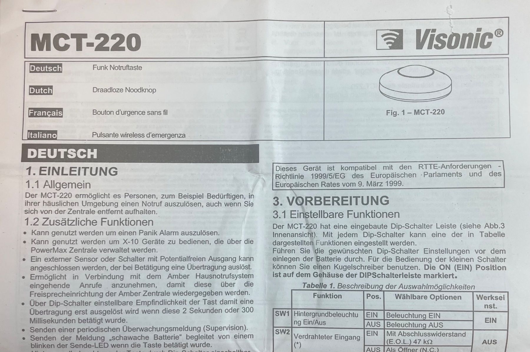 Sistemi d'allarme: Visonic MCT-220 Funk Notruftaste – Usato da Arcegno venduto da Fmswitzerland 2