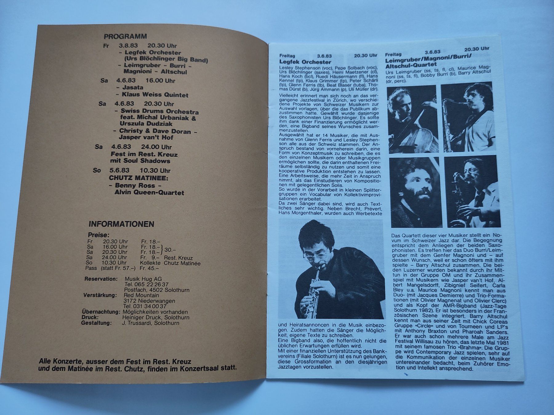 Documenti: Jazz-Tage Solothurn 1983 Programmheft – Usato da Schaffhausen venduto da RolfMeister 1