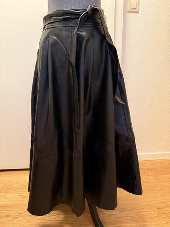 Black Synthetic Leather Skirt, Tie Waist - Chic