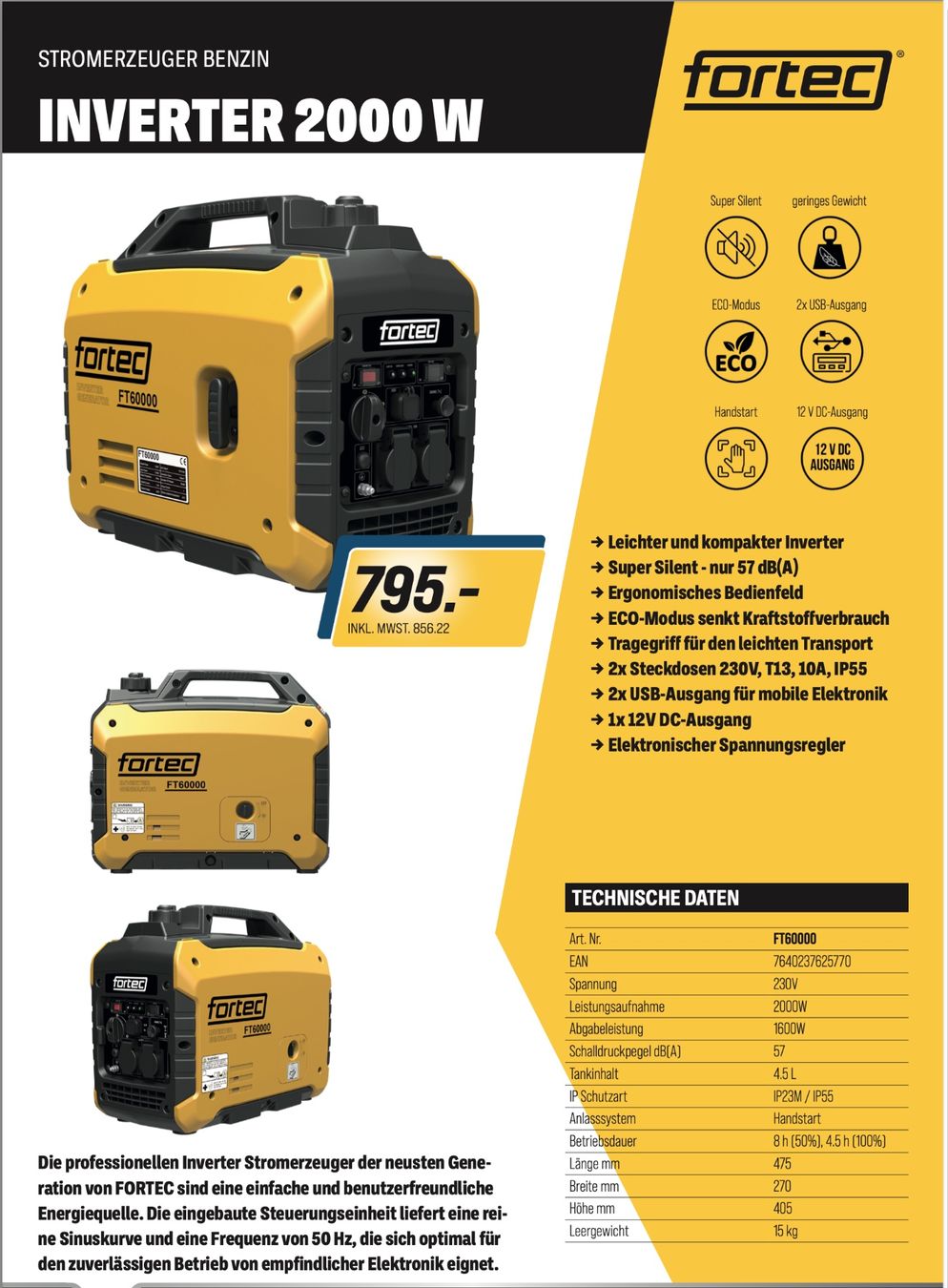 Generatori di corrente: Fortec Inverter 2000W (Stromerzeuger) – Nuovo e nell'imballaggio originale da Wittenbach venduto da HofstetterMechanik 5