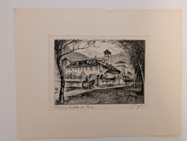 Antike Radierung, Schweizer Dorflandschaft