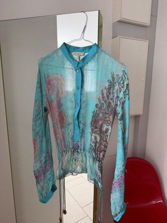 Etro blouse size 40 turquoise print sheer summer top