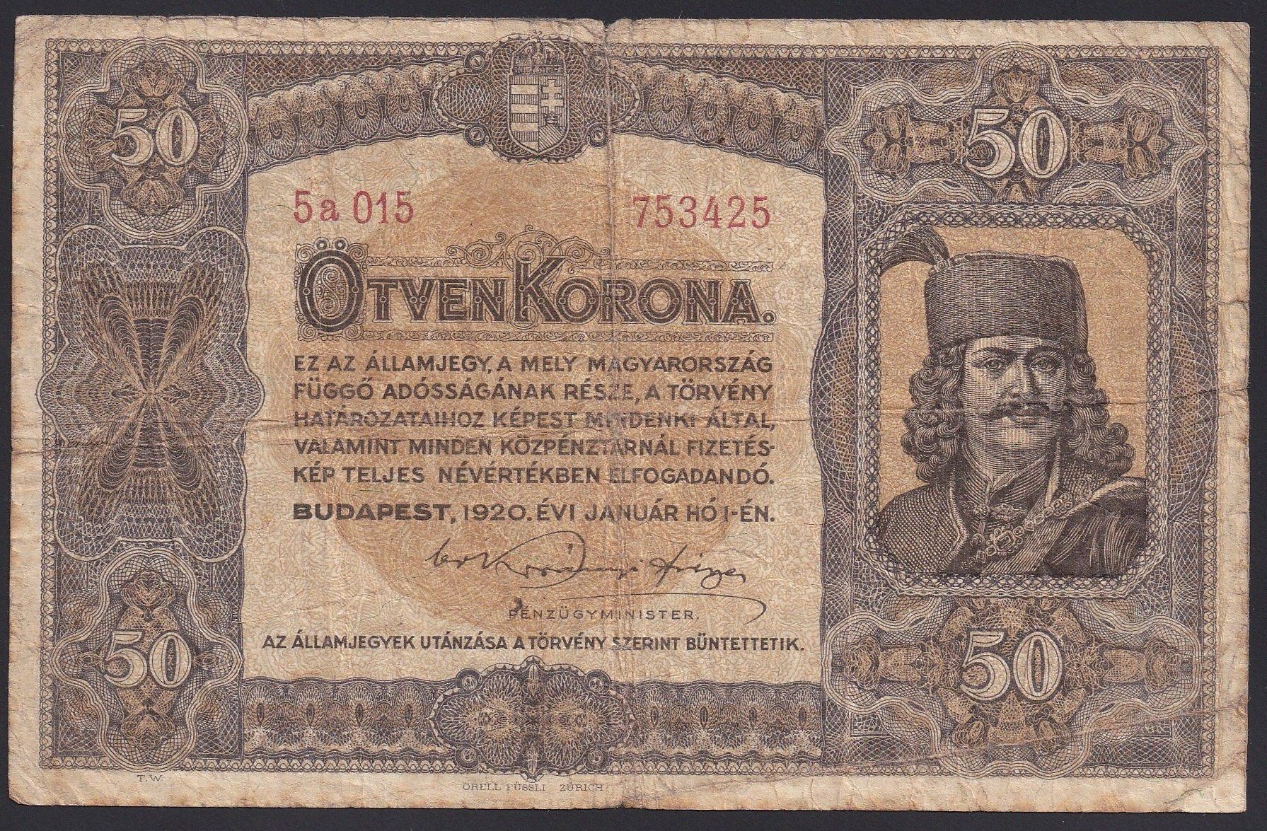 Billets de banque: Ungarn 50 Korona 1920 – D'occasion à Brugg AG par banknoten_muesli