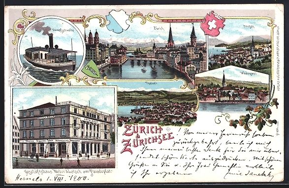 Cartoline postali: Litho Zürich, Teilansicht mit Wädenswe – Usato da Berlin venduto da bartko-reher