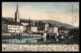 AK Travers, église et pont sur la rivière