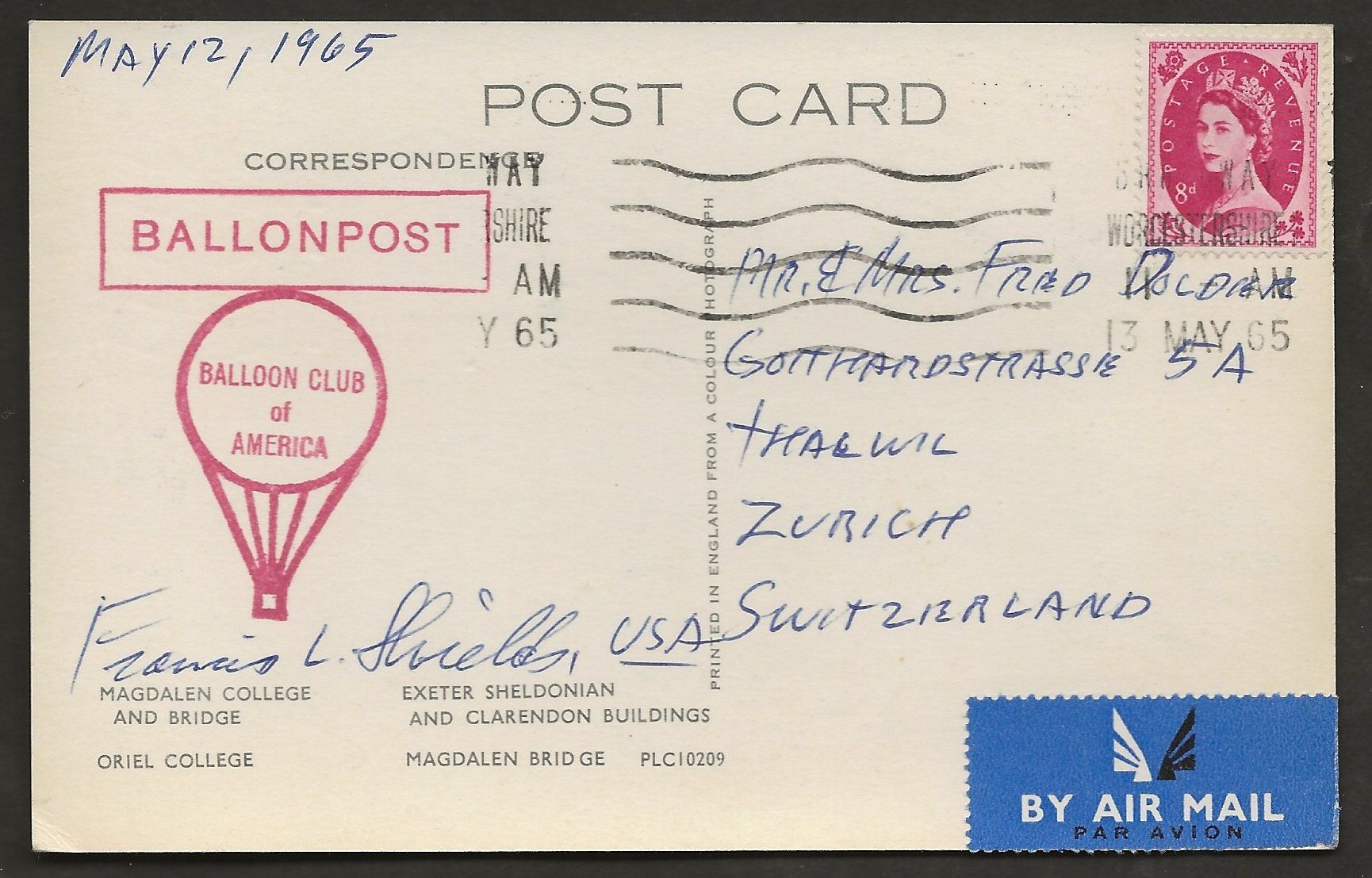 Tutti i francobolli: Ballon  1965 Grossbritannien Luftpost – Usato da Au ZH venduto da xelagreb01