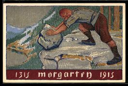 AK Morgarten, 1315-1915, Mann rollt Gesteinsbrocken den Fels