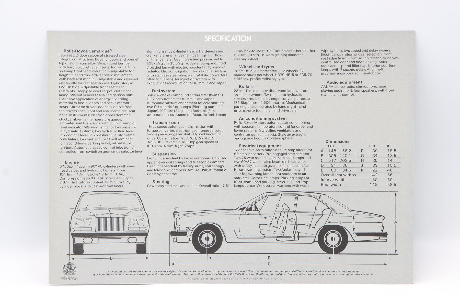 Rolls-Royce Documents: Rolls Royce Camargue 1978 Prospektblatt – D'occasion à Bühl b.Aarberg par Collectorpassions 1