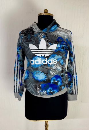 Adidas Hoodie Gr. XS Floral blau weiss grau Kapuze Top Zu...
