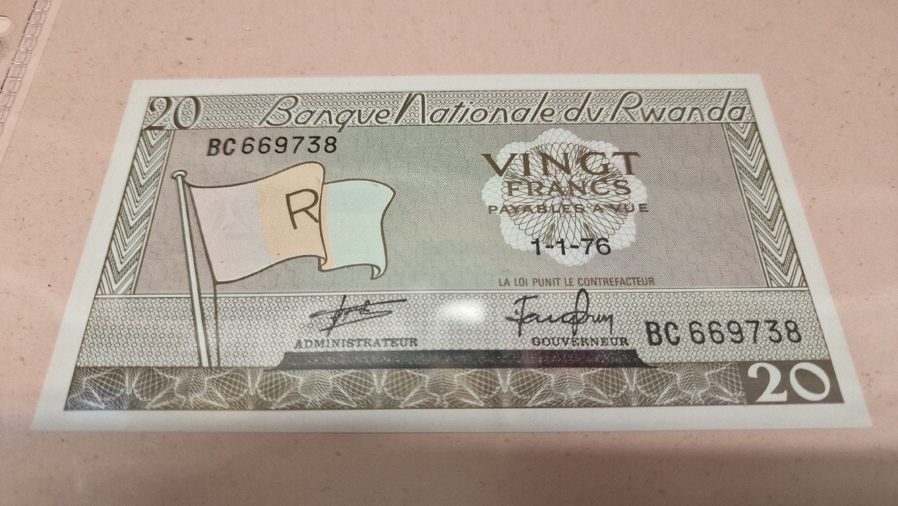 Banconote: Ruanda 20 Francs 1976, Banknote PP – Nuovo e nell'imballaggio originale da Herisau venduto da Antiques.AR