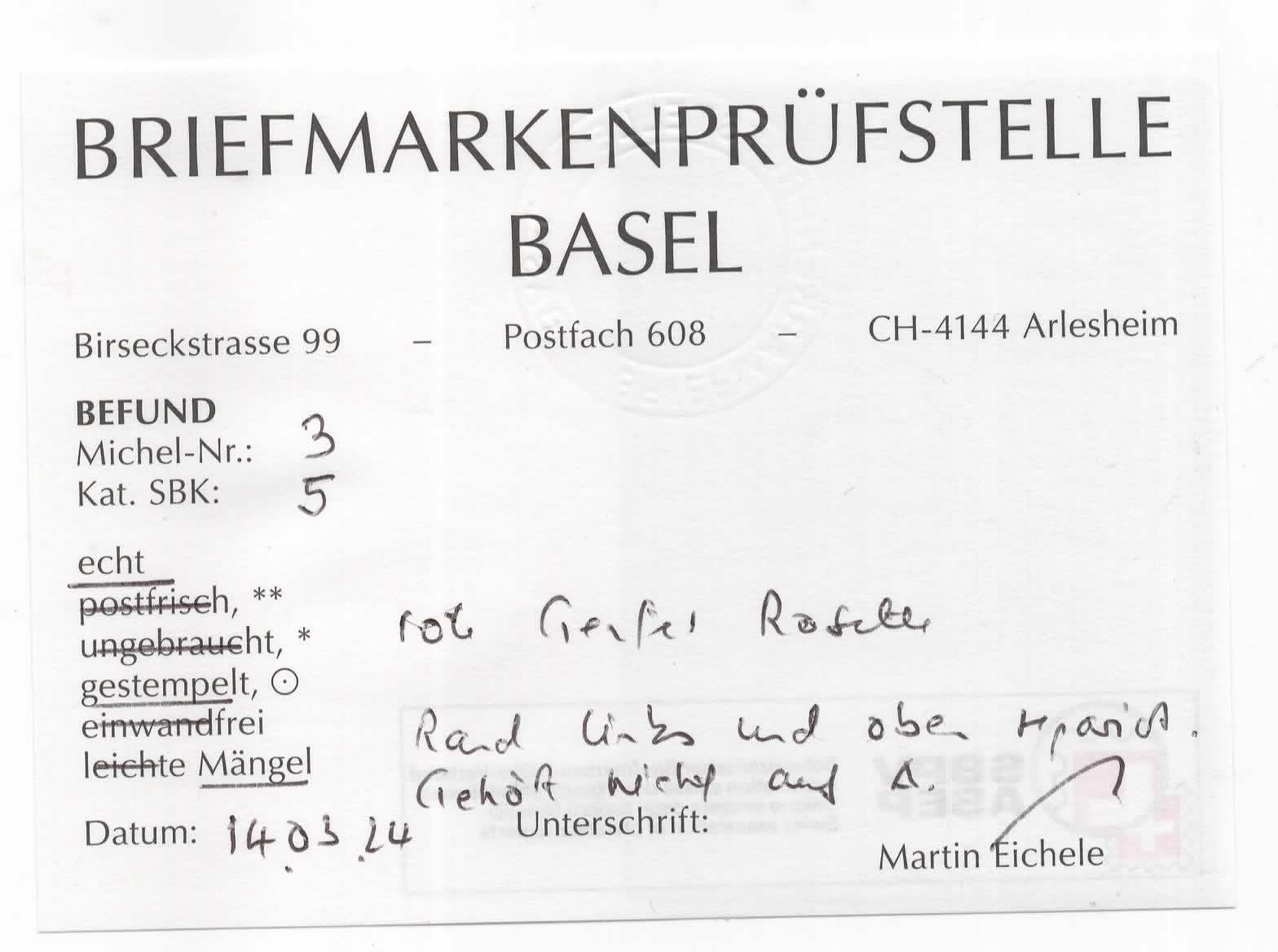 Tutti i francobolli: Petit aigle oblit. rosette rouge Genève attestation Eichele. – Usato da Enney venduto da Seppo450 1