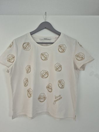 T-shirt Guess blanc, taille L, motif lèvres dorées