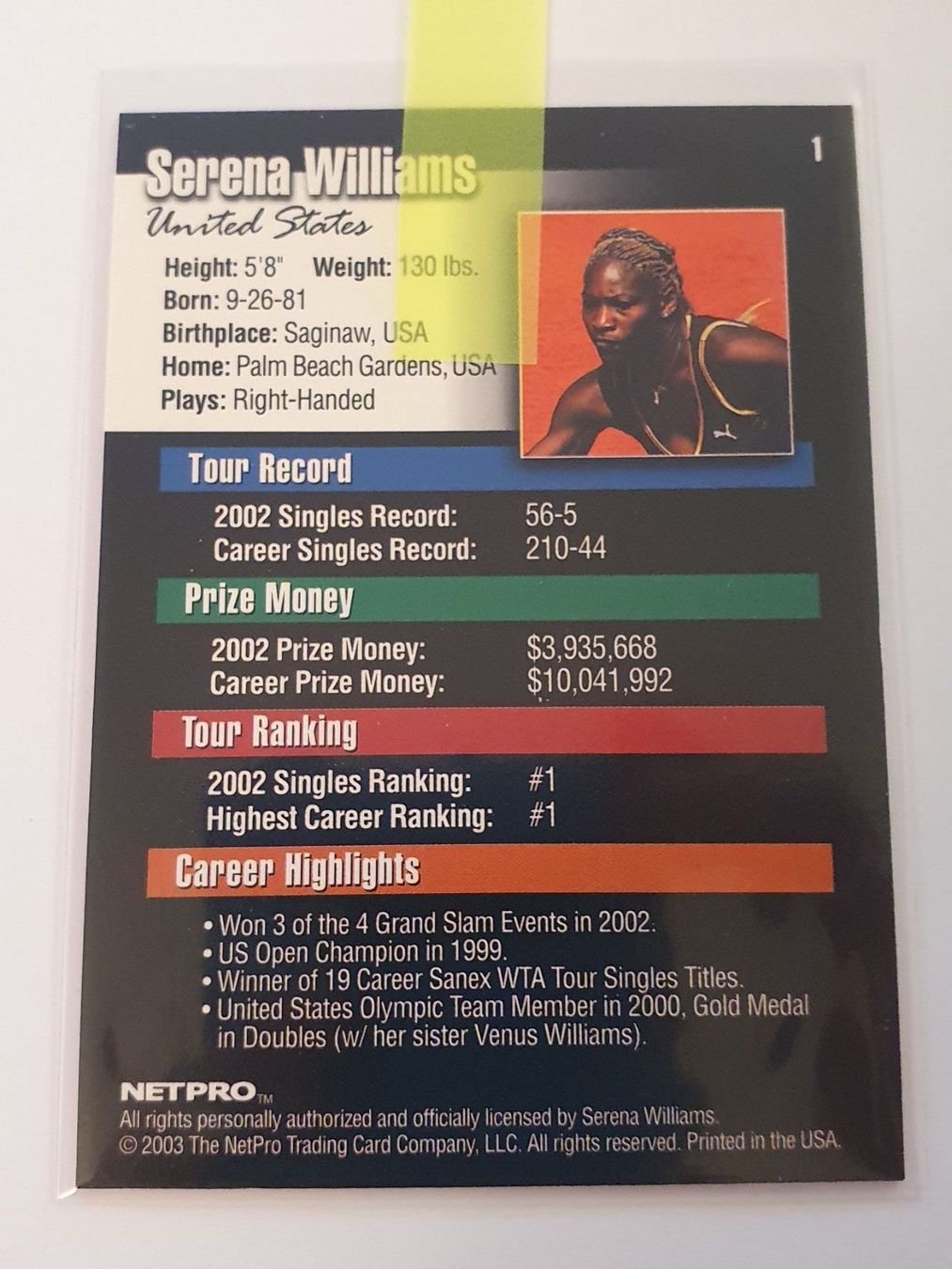 Sammelbilder & Trading cards: Serena Williams Rookie Card 2003 Netpro – Gebraucht aus Oberdorf BL von BaldenEagle 3