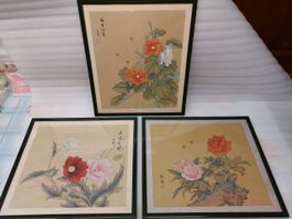 3 Watercolours floral motifs, oriental on silk paper 41,5x37