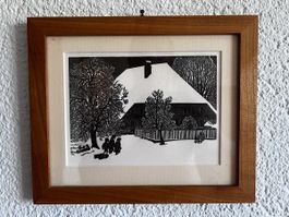 Holzrahmen Bild mit Druck Haus im Winter Kinder