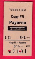 KARTON BILLETT, CUGY - PAYERNE, 2.KLASSE, RETOUR, 24.12.1984