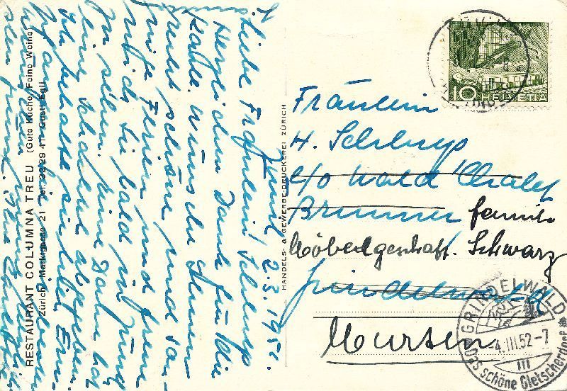 Ansichtskarten: Zürich - Restaurant Columna Treu + 1952 – Gebraucht aus Emmenbrücke von teestube 1