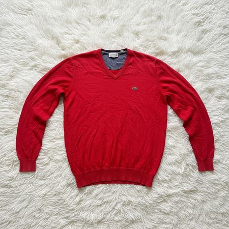 Pull Lacoste col V homme L rouge manches longues Très bon ét
