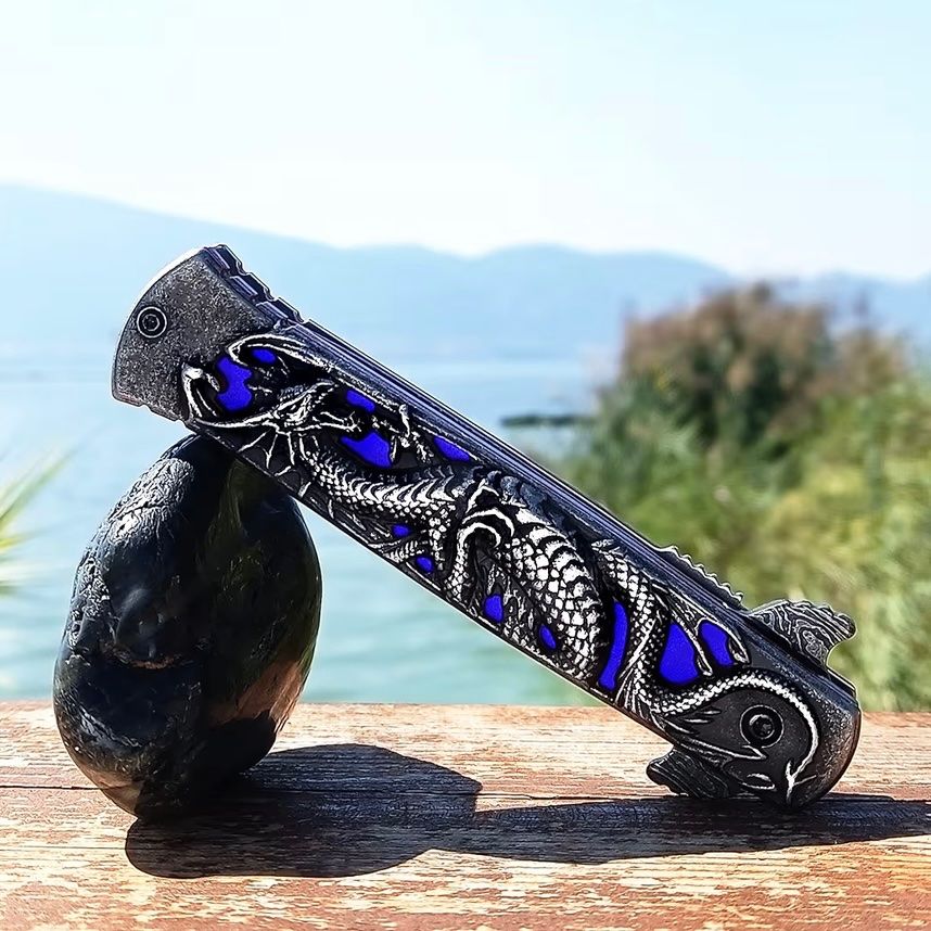 Coltelli tascabile: Klappmesser/Taschenmesser mit Drachen blau/schwarz – Nuovo e nell'imballaggio originale da Basel venduto da Seifehuesli 1
