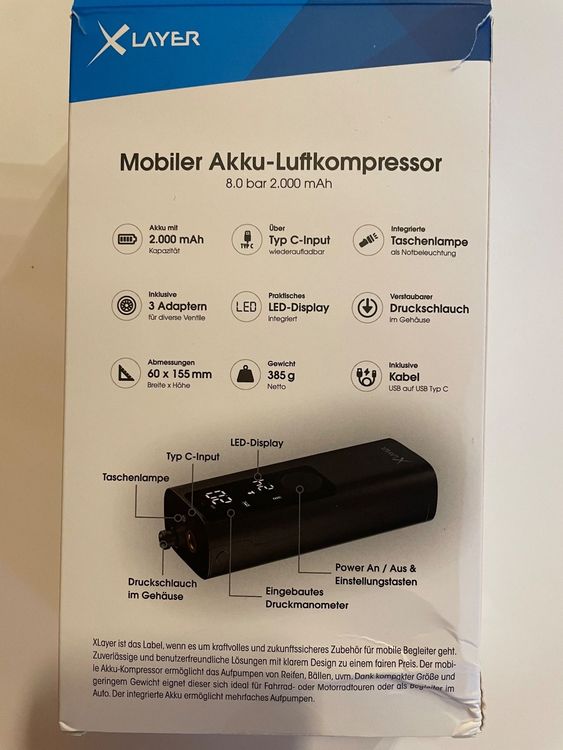 Xlayer Mobiler Akku-Luftkompressor 8.0 bar 2.000 mAh –
