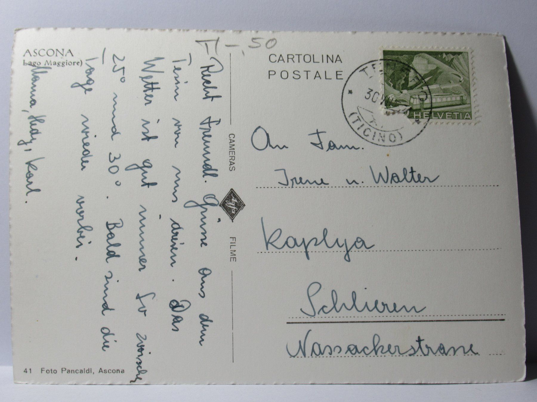 Cartoline postali: Ascona  1950 – Usato da Grenchen venduto da Bluemchen1900 1