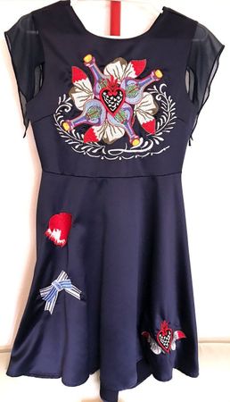 Damen Kleid Blau - Polyester - Gr.: L    mit Stickerei vorne