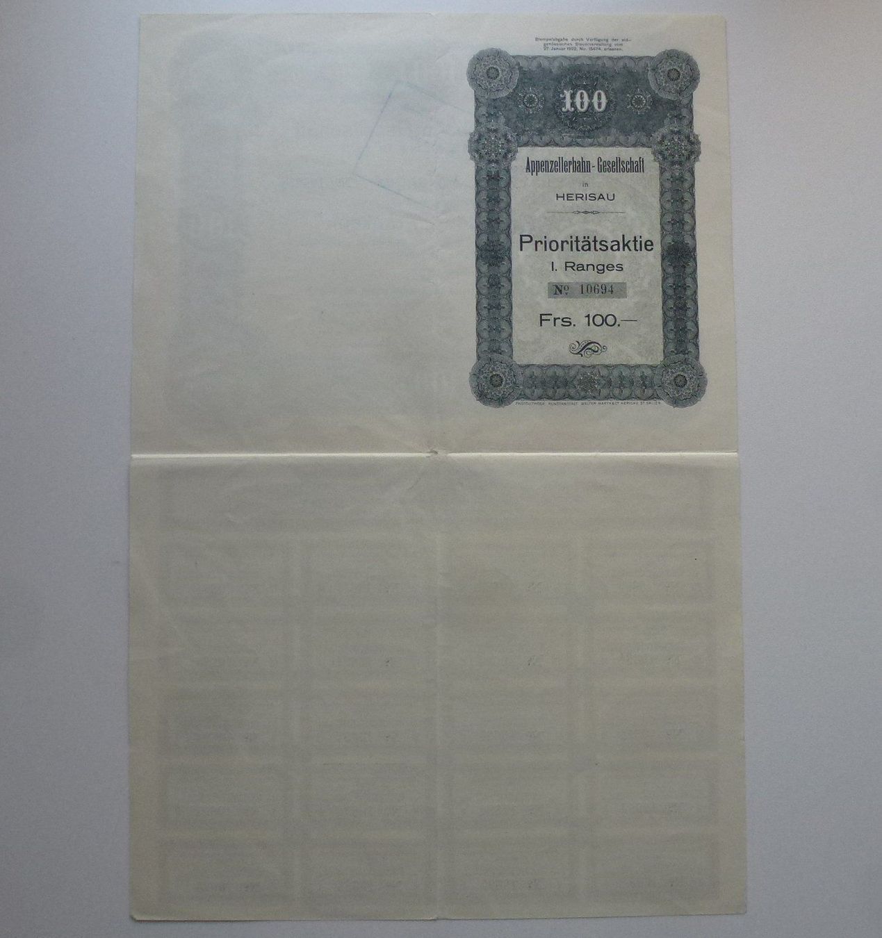 Dokumente: Aktie 1921 Appenzellerbahn-Gesellschaft – Gebraucht aus Walkringen von Casablanca777 3