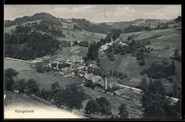 AK Rüegsbach, Ortspartie mit Fabrik in Hügellandschaft