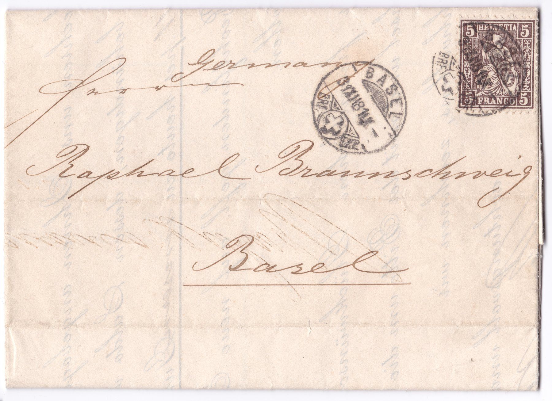 Tous les timbres: Forward Faltbrief 1881 Raphael Braunschweig Basel, "Germany" – D'occasion à Basel par riobar