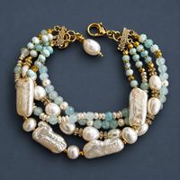 Statement-Perlenarmband mit Aquamarin, 4 Reihen, Unikat,