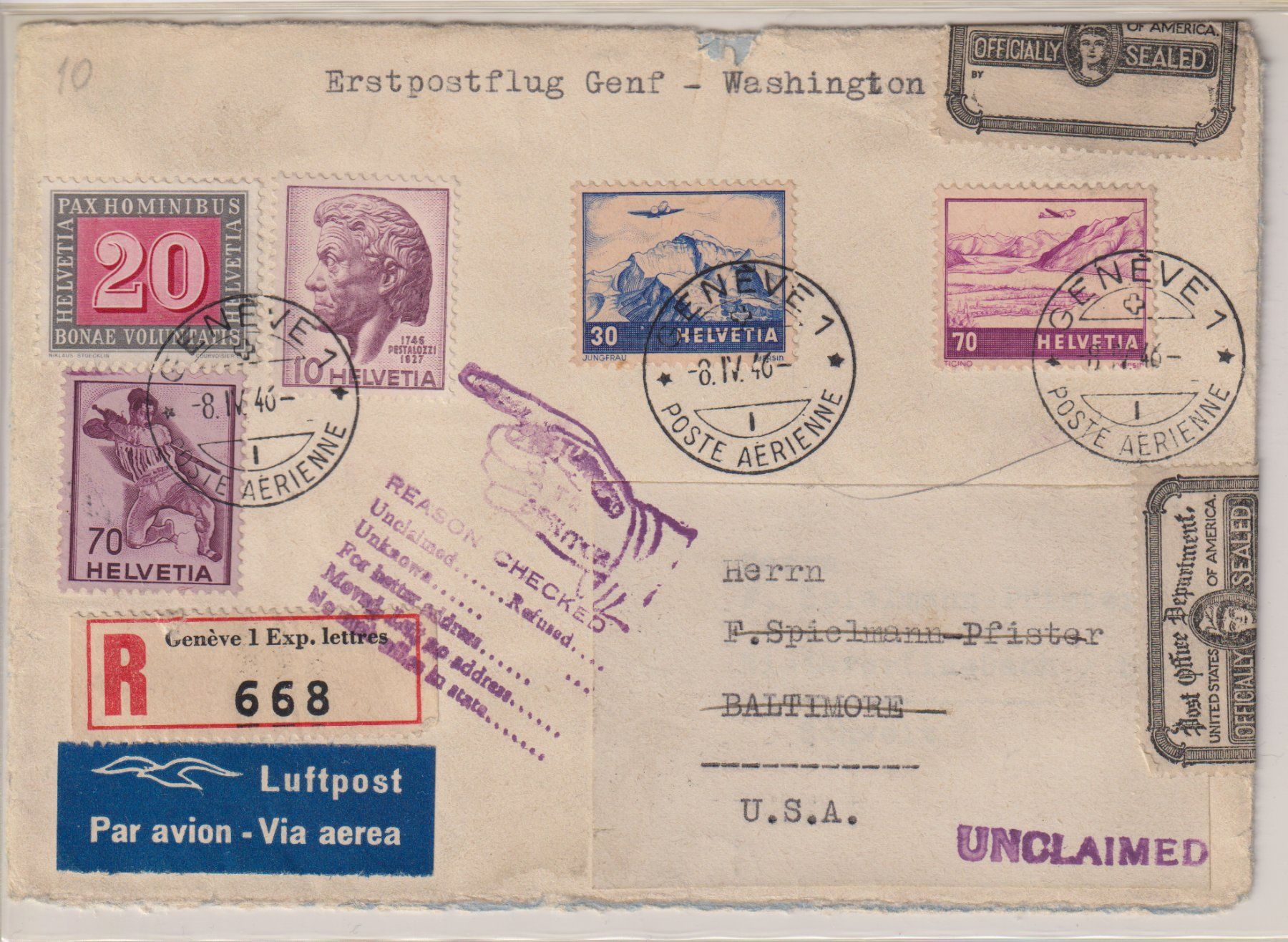 Alle Briefmarken: Brief 1946 Erstflug Genf-Washington – Gebraucht aus Eschlikon TG von PhilCon