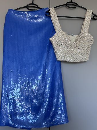 Zara Pailletten Zweiteiler blau beige Grösse S bis M