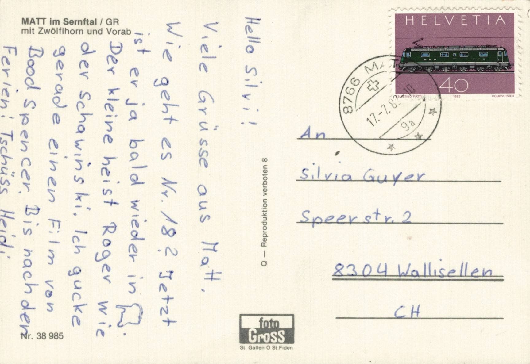 Cartoline postali: Alte Ansichtskarte Matt, Kanton Graubünden, Sernftal 1982 – Usato da Luzern venduto da Kartenansicht 1