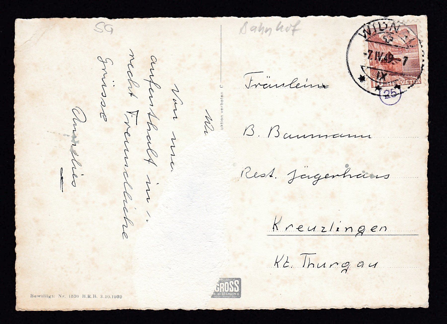 Ansichtskarten: HEERBRUGG - Bahnhof, 1949 – Gebraucht aus Reiden von  1