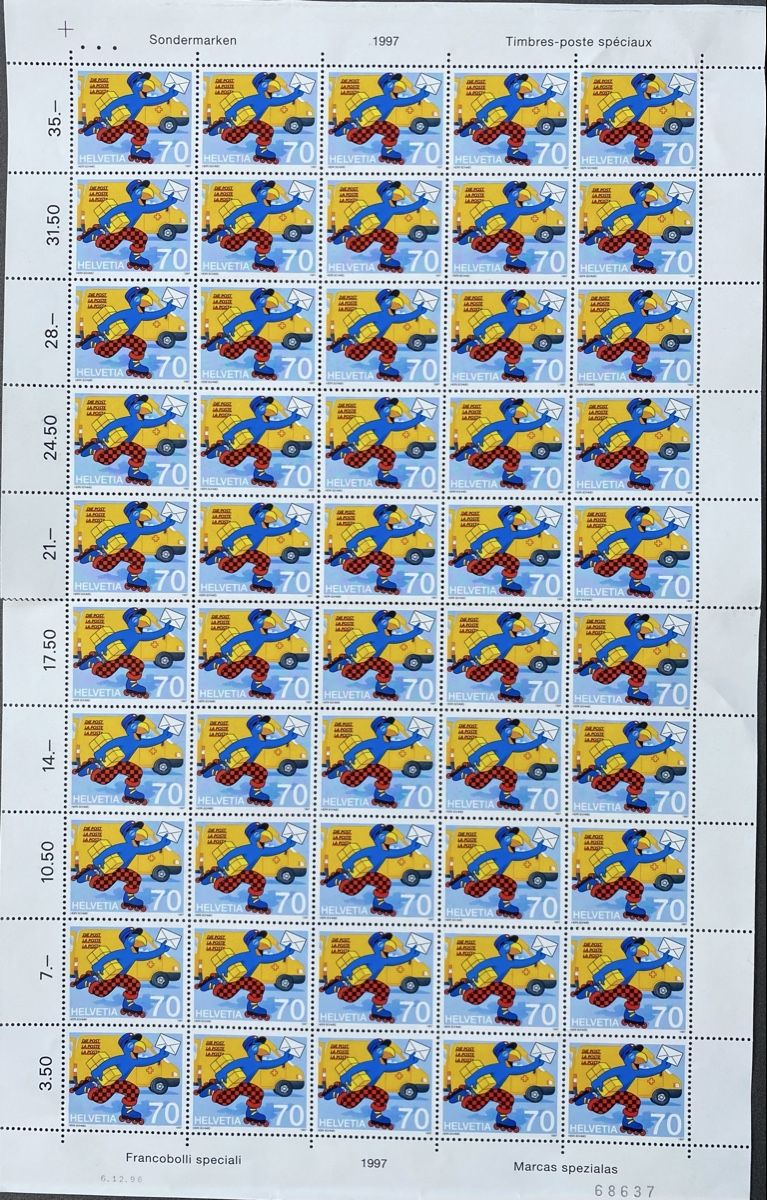 Alle Briefmarken: Briefmarkenbogen GLOBI BEI DER POST (1997) 50x -.70 – Neu (gemäss Beschreibung) aus Dietlikon von Sa_Biene