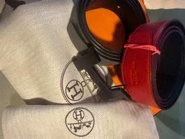 Hermès Gürtel H-Schnalle Schwarz Rot Leder Neu
52
