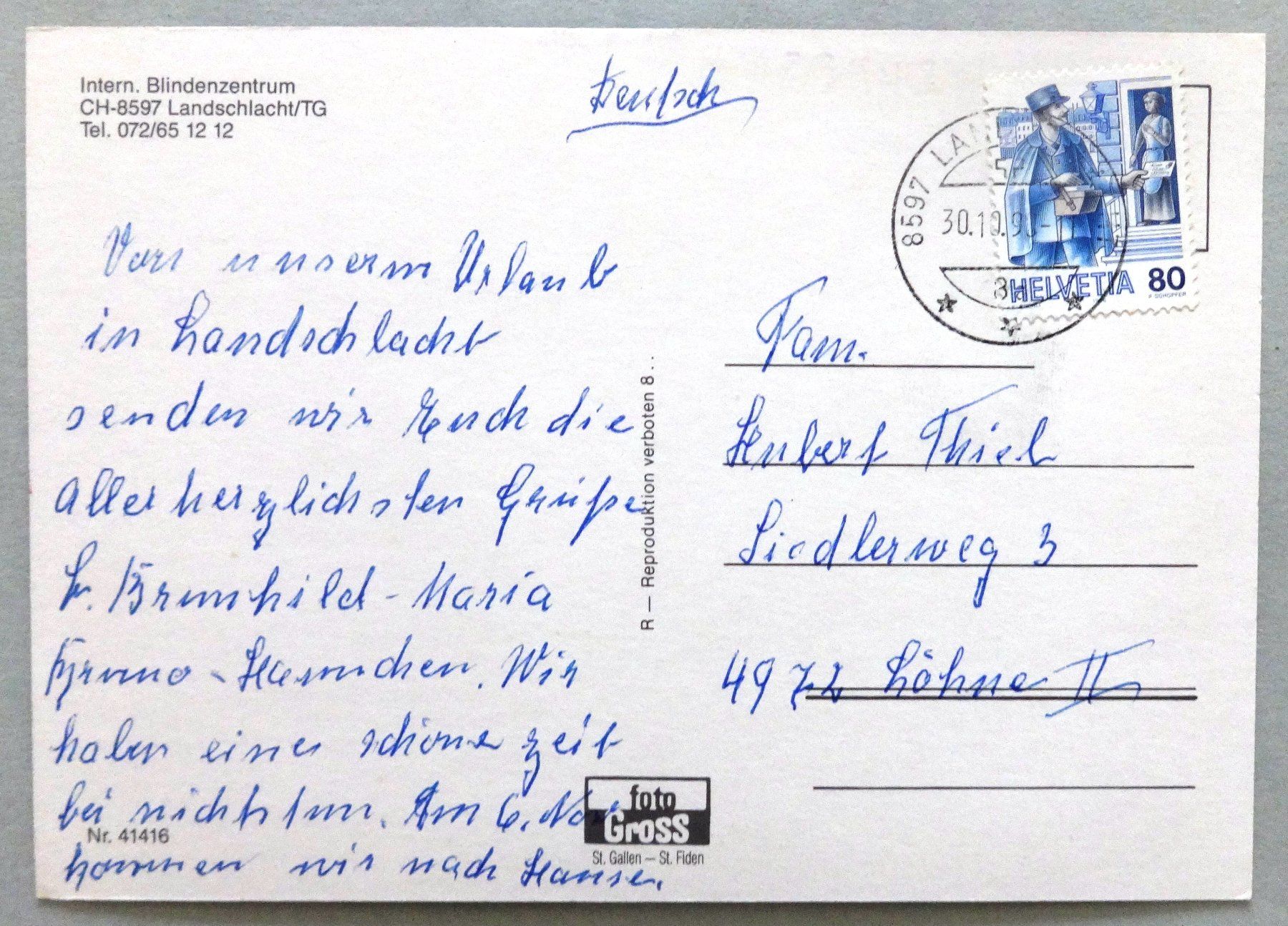 Cartoline postali: Intern. Blindenzentrum, Landschlacht / TG – Usato da Fétigny venduto da Billy2miny 1