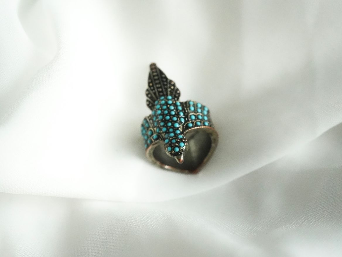 Ringe: Statement Ring Vogel Türkisoptik silberfarben Vintage – Gebraucht aus Volketswil von HeredisAntiques 1
