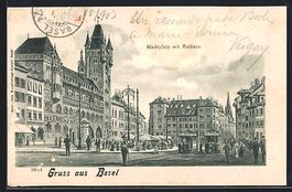 AK Basel, Marktplatz mit Rathaus, 1903