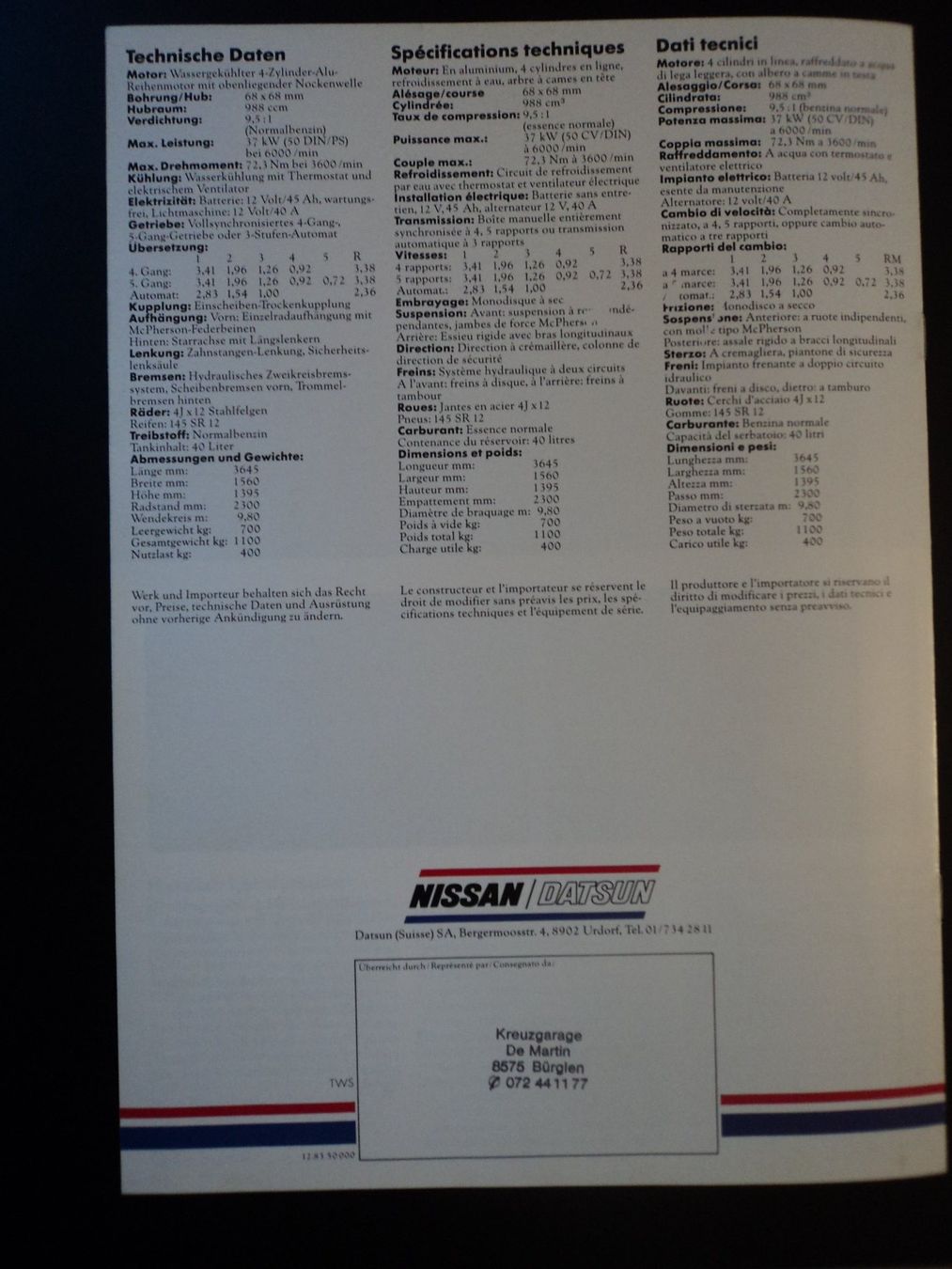 Nissan Documenti: Prospekt Nissan Micra 1983 – Usato da Schwarzenburg venduto da modelCARama 5