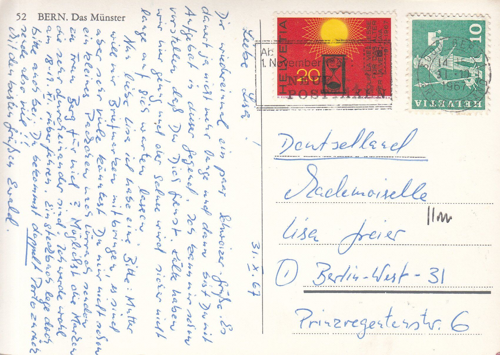 Cartoline postali: Bern Münster 1967 – Usato da Bürglen TG venduto da StampGraf 1