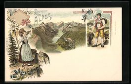 Litho Schweiz, Frau grüsst Wanderer, Tr
