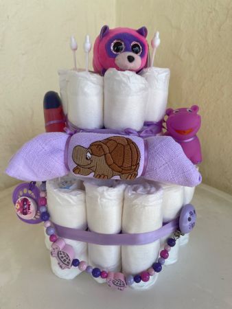 Windeltorte rosa/violette, Baby Geschenk, Geburt, Taufe