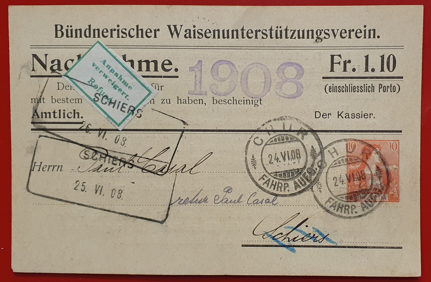 Tous les timbres: Ganzsache mit Aushilfsstempel SCHIERS 1908 – D'occasion à Kreuzlingen par Rschweiz1