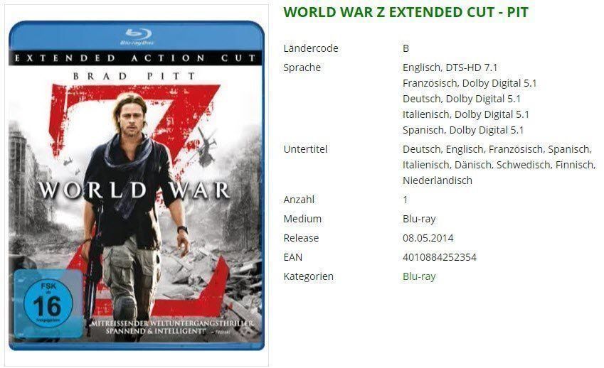 Tutti i DVDs: WORLD WAR Z EXTENDED CUT - PIT (Bluray) – Usato da Buchrain venduto da Sssschaller
