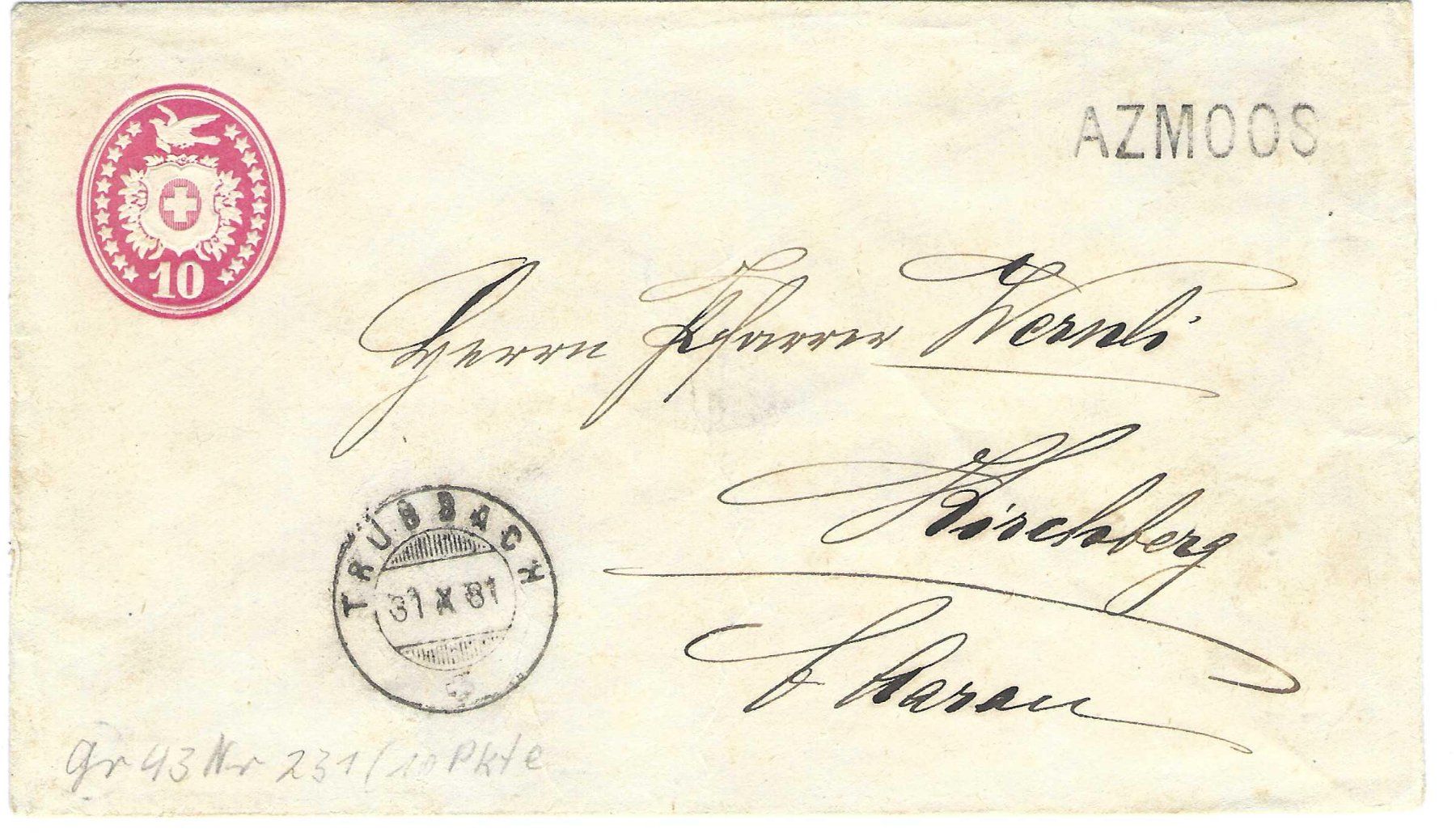 Tutti i francobolli: Tüblibrief Azmoos - Hirsdchberg 1881 – Usato da Wildhaus venduto da Brunphil